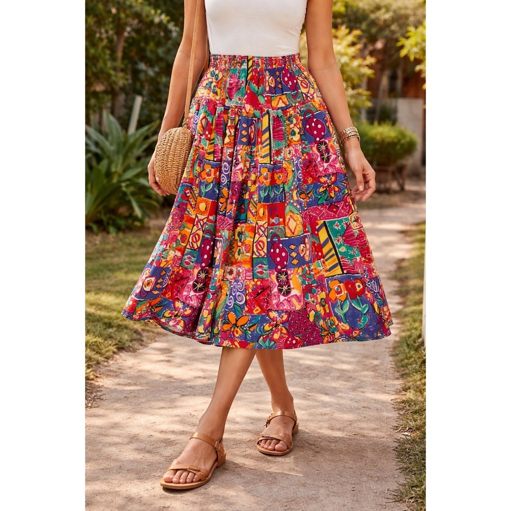 CLIO Vintage‎ Boho Patchwork Maxi Skirt Colorful Rayon Size Medium